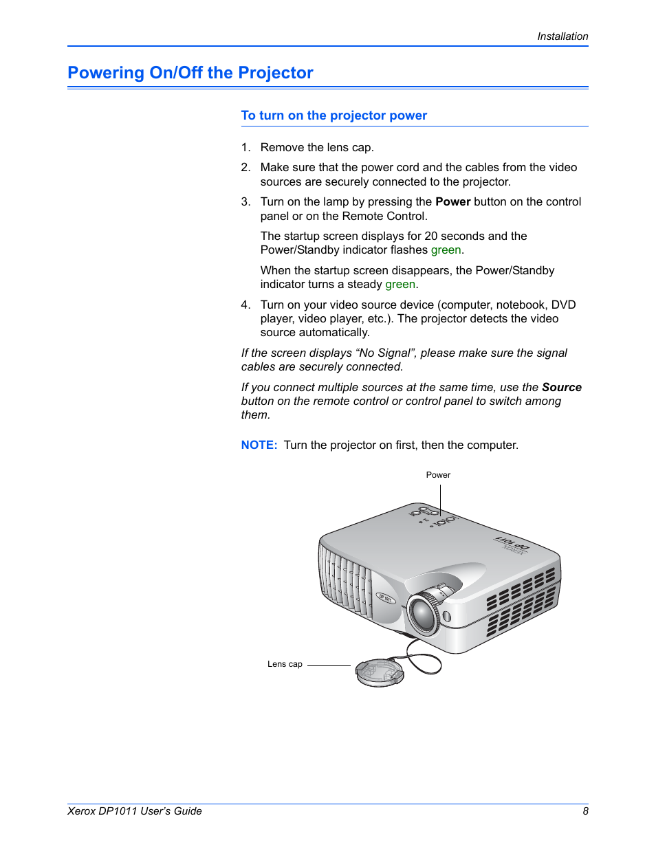 Powering on/off the projector | Visioneer DP1011 User Manual | Page 13 / 36