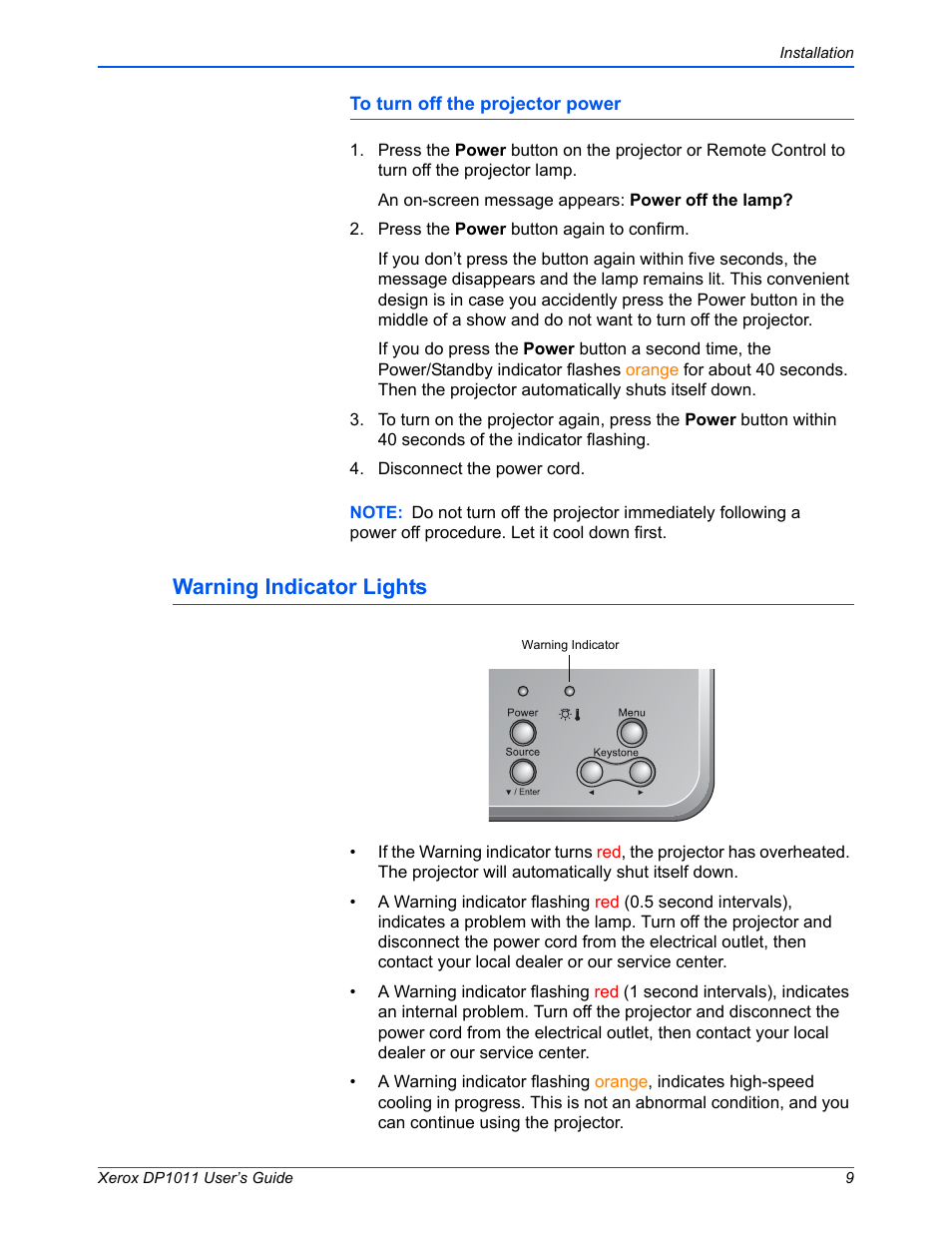 Warning indicator lights | Visioneer DP1011 User Manual | Page 14 / 36