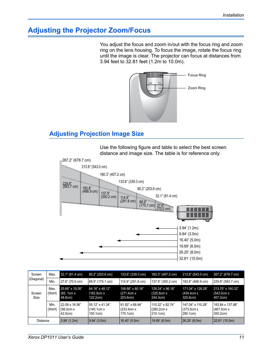 Adjusting the projector zoom/focus, Adjusting projection image size | Visioneer DP1011 User Manual | Page 16 / 36