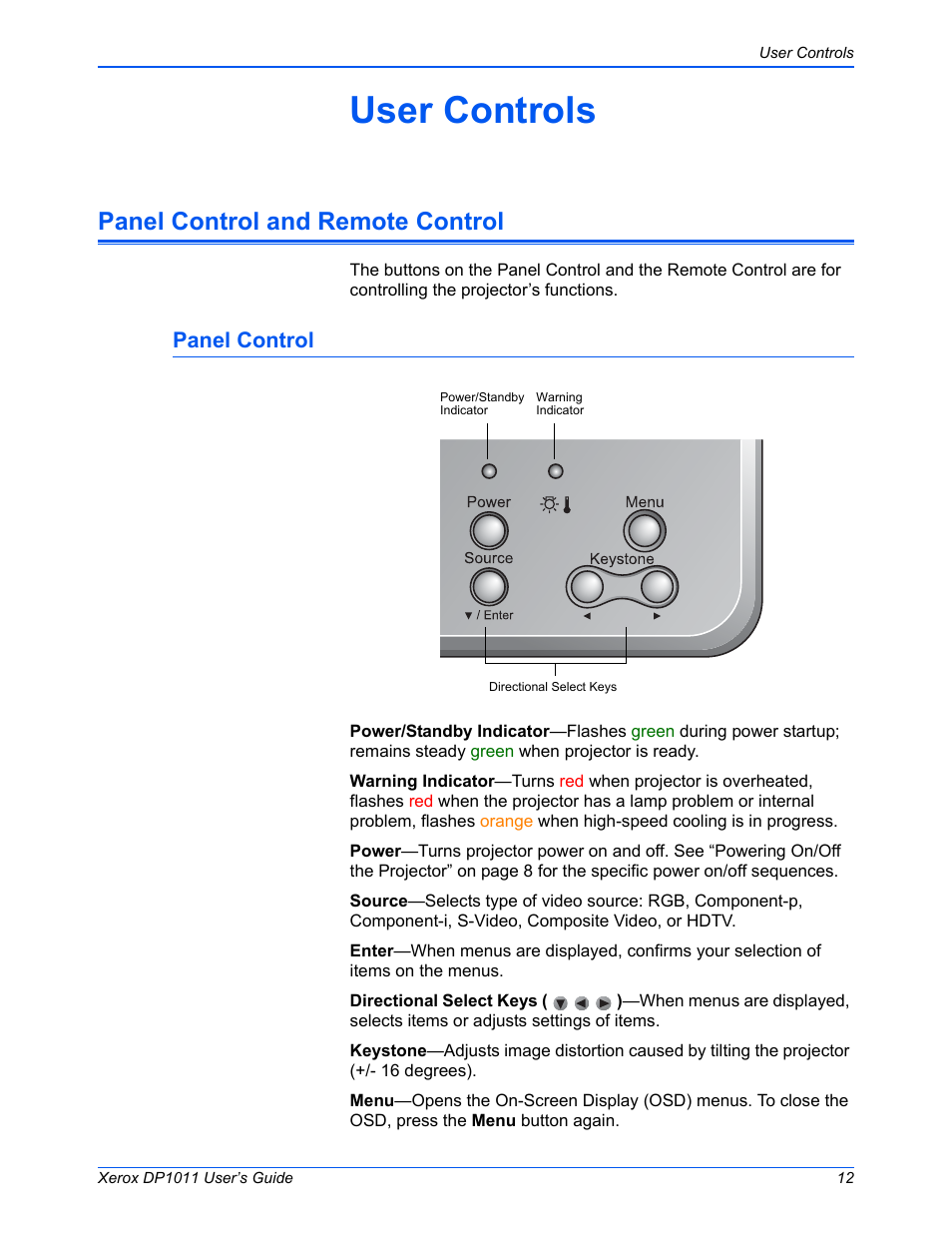 User controls, Panel control and remote control, Panel control | Visioneer DP1011 User Manual | Page 17 / 36