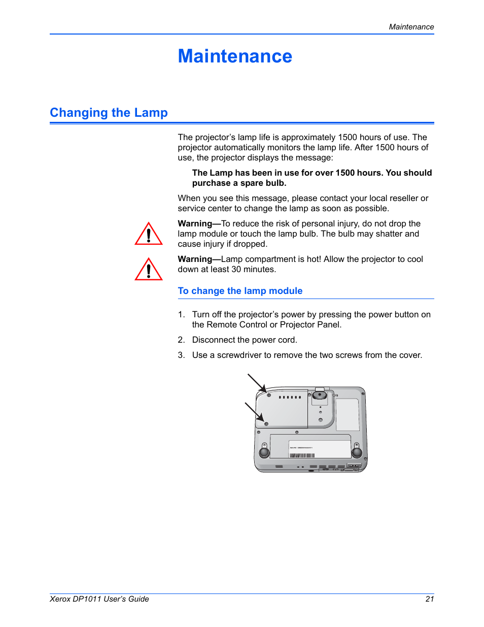 Maintenance, Changing the lamp | Visioneer DP1011 User Manual | Page 26 / 36