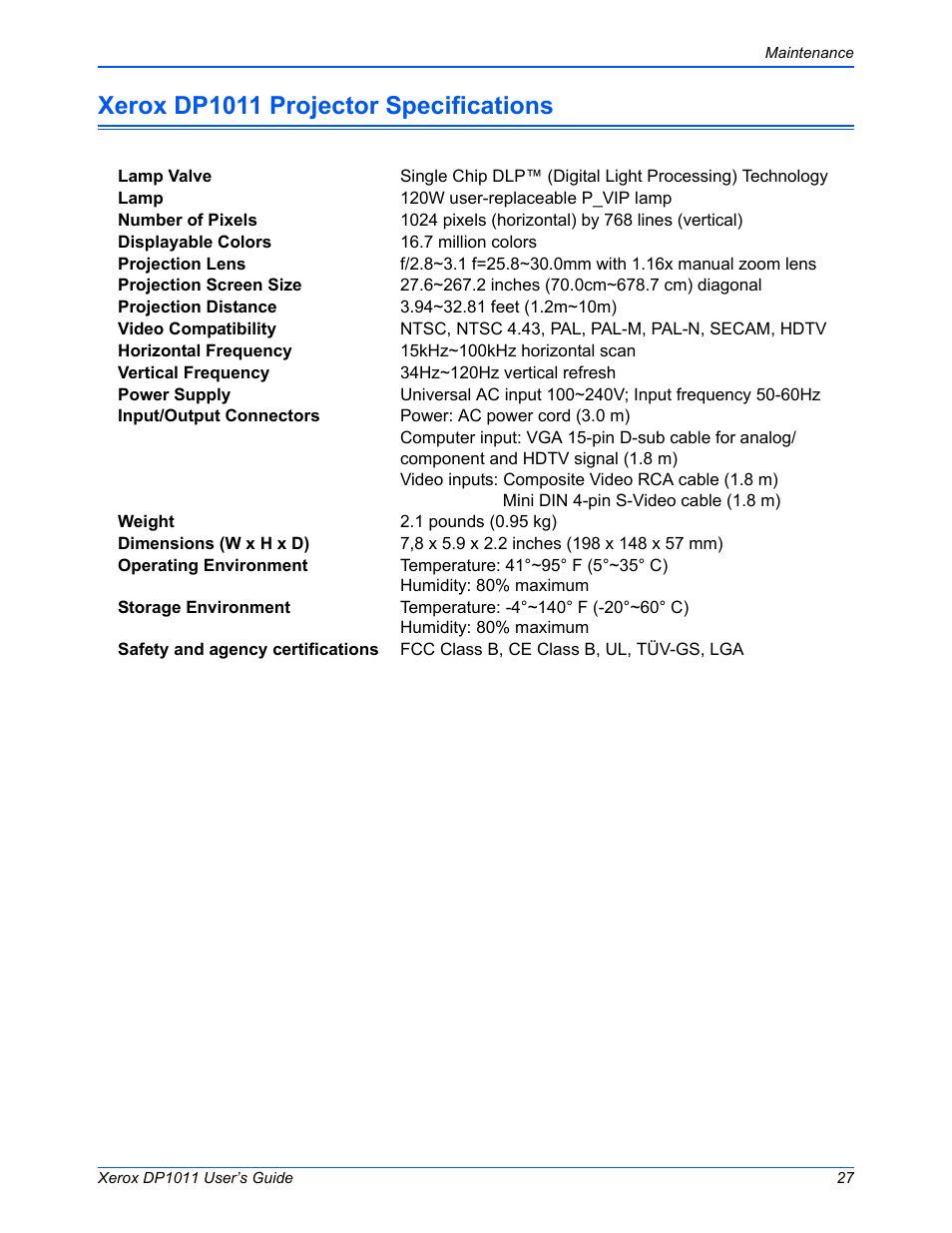 Xerox dp1011 projector specifications | Visioneer DP1011 User Manual | Page 32 / 36