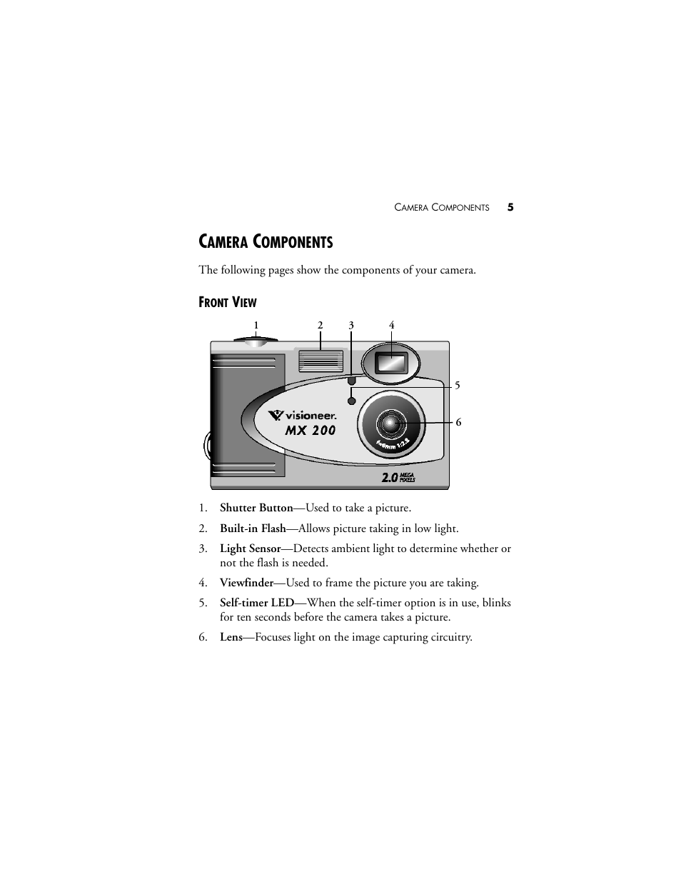 Camera components, Front view, Amera | Omponents | Visioneer MX 200 User Manual | Page 11 / 66
