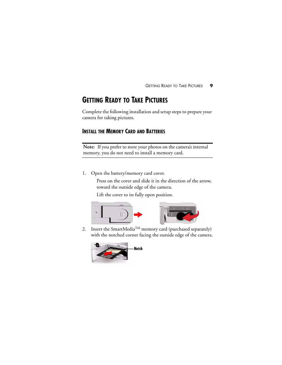 Getting ready to take pictures, Install the memory card and batteries, Etting | Eady, Ictures | Visioneer MX 200 User Manual | Page 15 / 66
