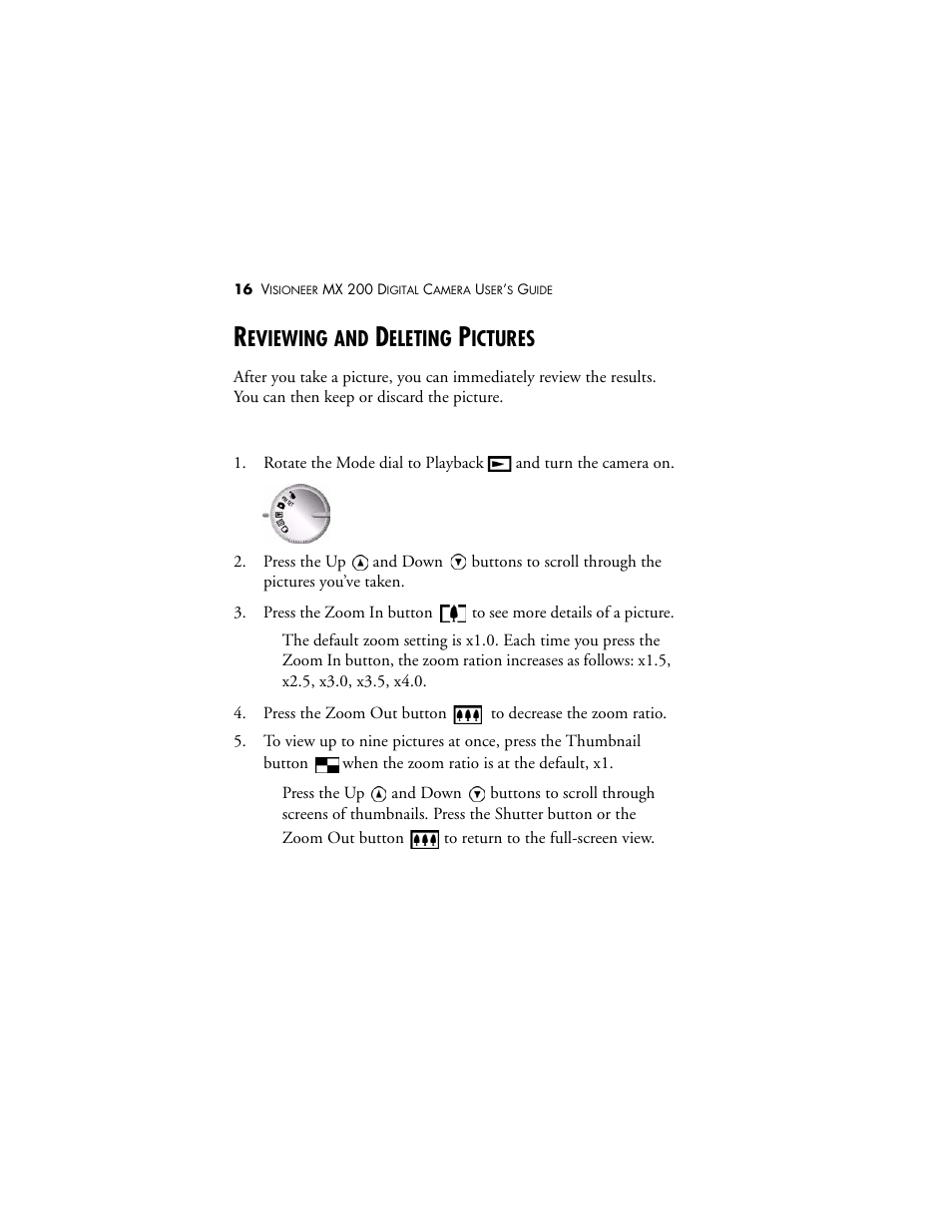 Reviewing and deleting pictures, Eviewing, Eleting | Ictures | Visioneer MX 200 User Manual | Page 22 / 66