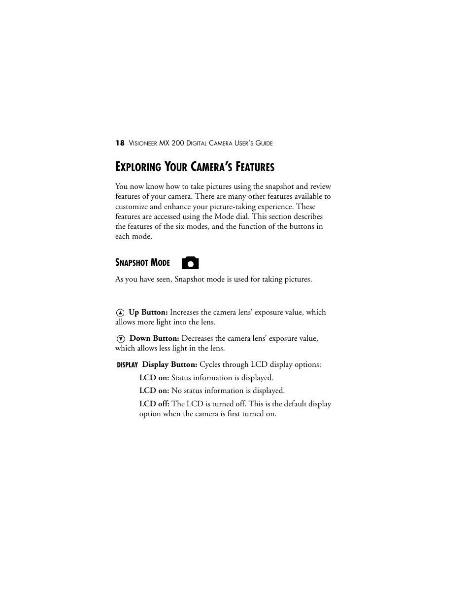 Exploring your camera’s features, Snapshot mode, Xploring | Amera, Eatures | Visioneer MX 200 User Manual | Page 24 / 66