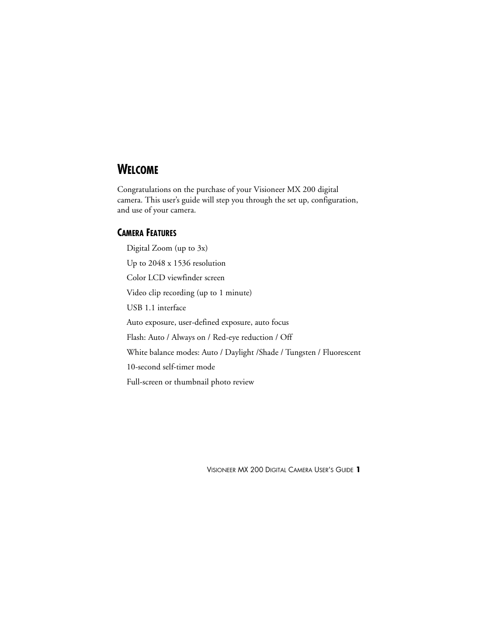Welcome, Camera features, Elcome | Visioneer MX 200 User Manual | Page 7 / 66