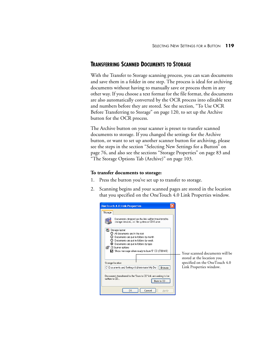 Transferring scanned documents to storage | Visioneer 9520 User Manual | Page 126 / 156