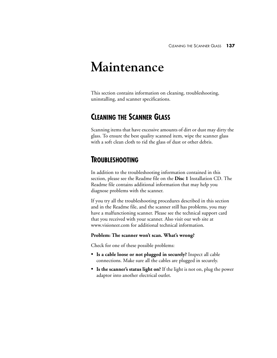 Maintenance, Cleaning the scanner glass, Troubleshooting | Cleaning the scanner glass troubleshooting | Visioneer 9520 User Manual | Page 144 / 156