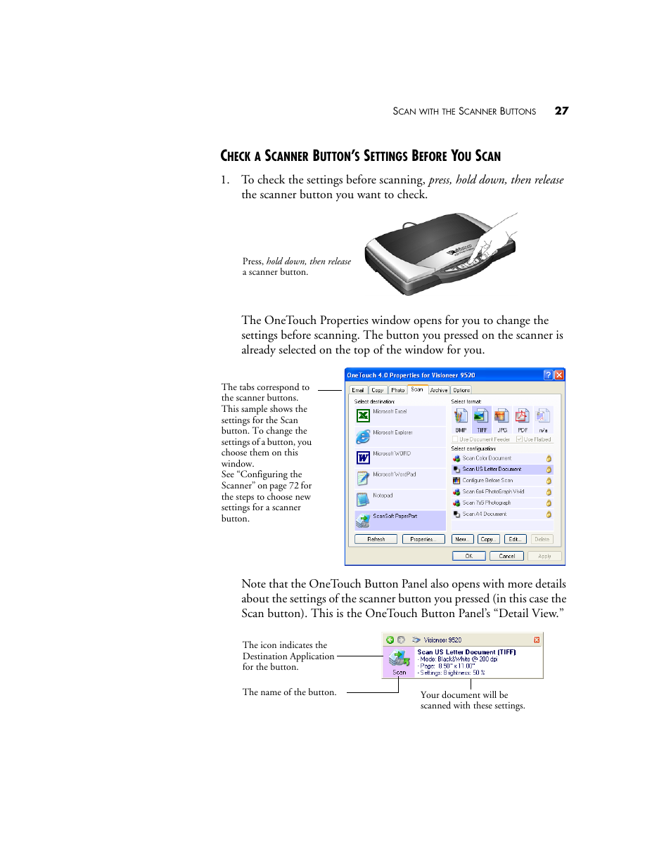 Check a scanner button’s settings before you scan | Visioneer 9520 User Manual | Page 34 / 156