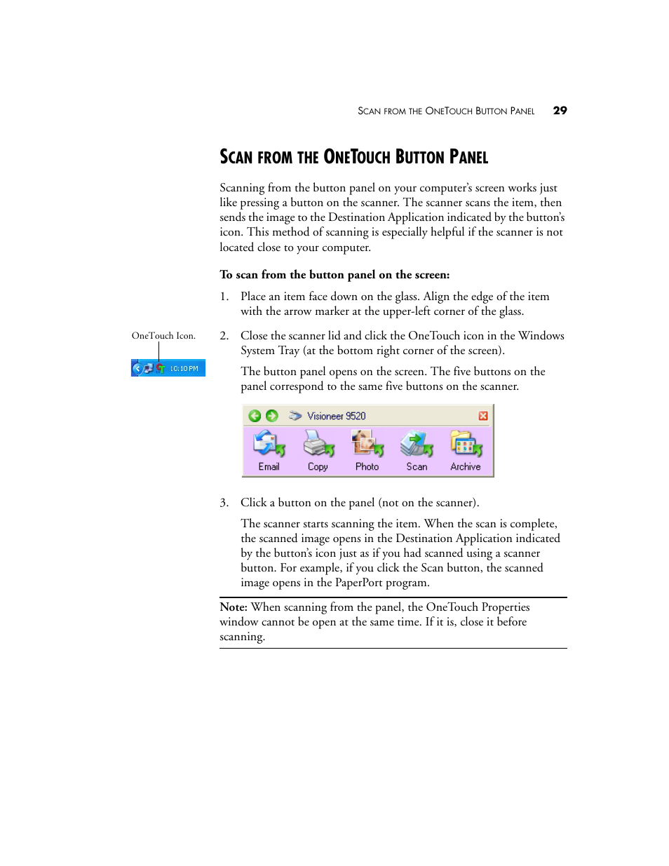 Scan from the onetouch button panel, From, Ouch | Utton, Anel | Visioneer 9520 User Manual | Page 36 / 156