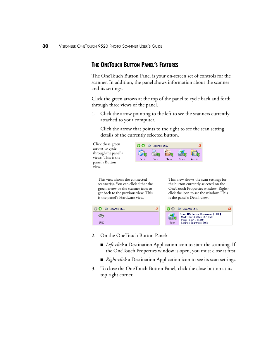 The onetouch button panel’s features | Visioneer 9520 User Manual | Page 37 / 156