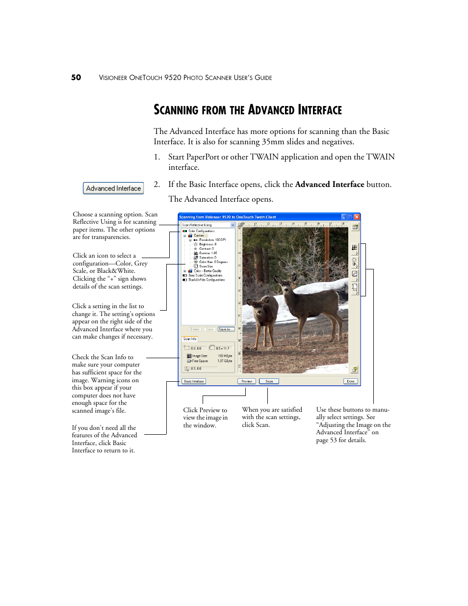 Scanning from the advanced interface, Canning, From | Dvanced, Nterface | Visioneer 9520 User Manual | Page 57 / 156