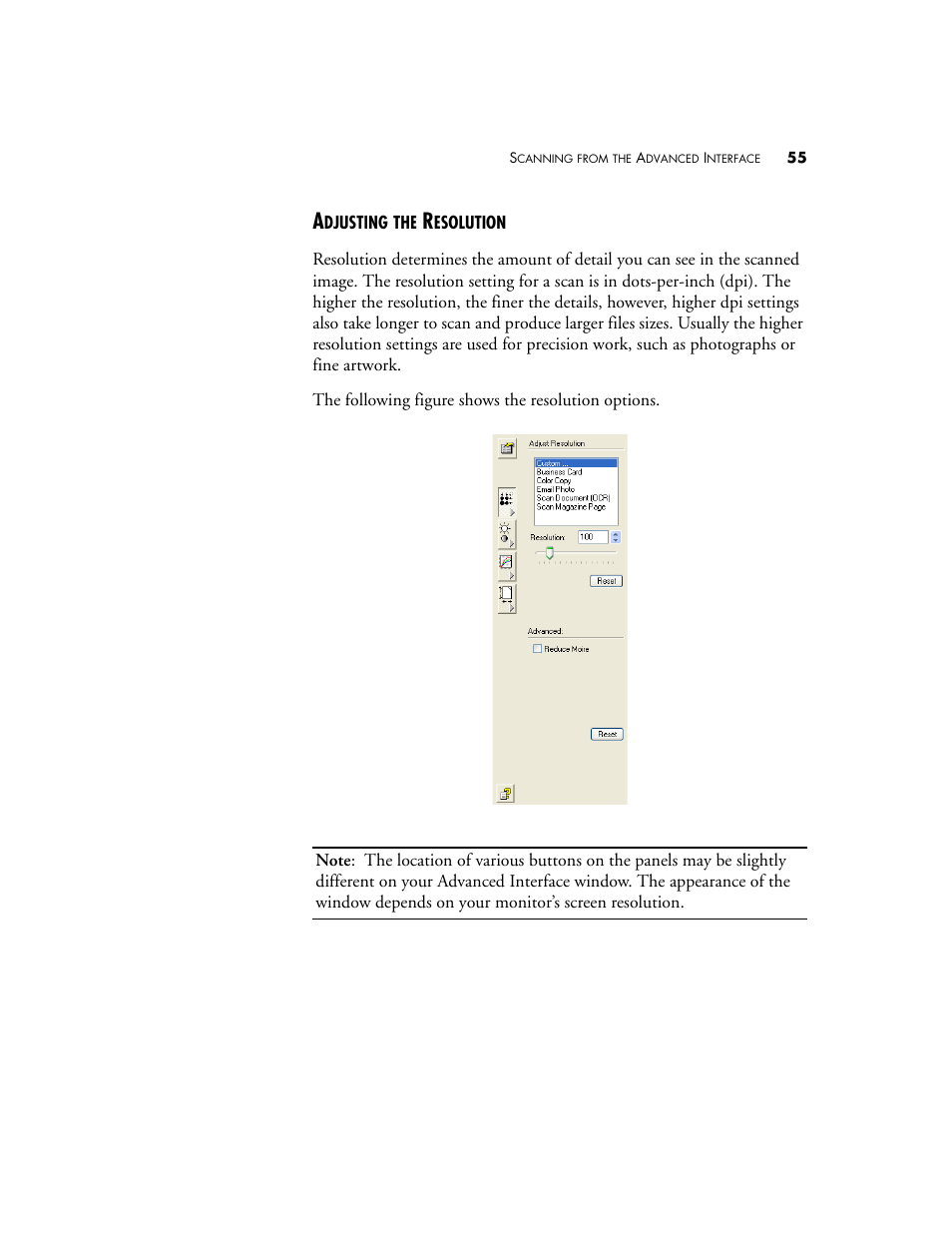 Adjusting the resolution | Visioneer 9520 User Manual | Page 62 / 156