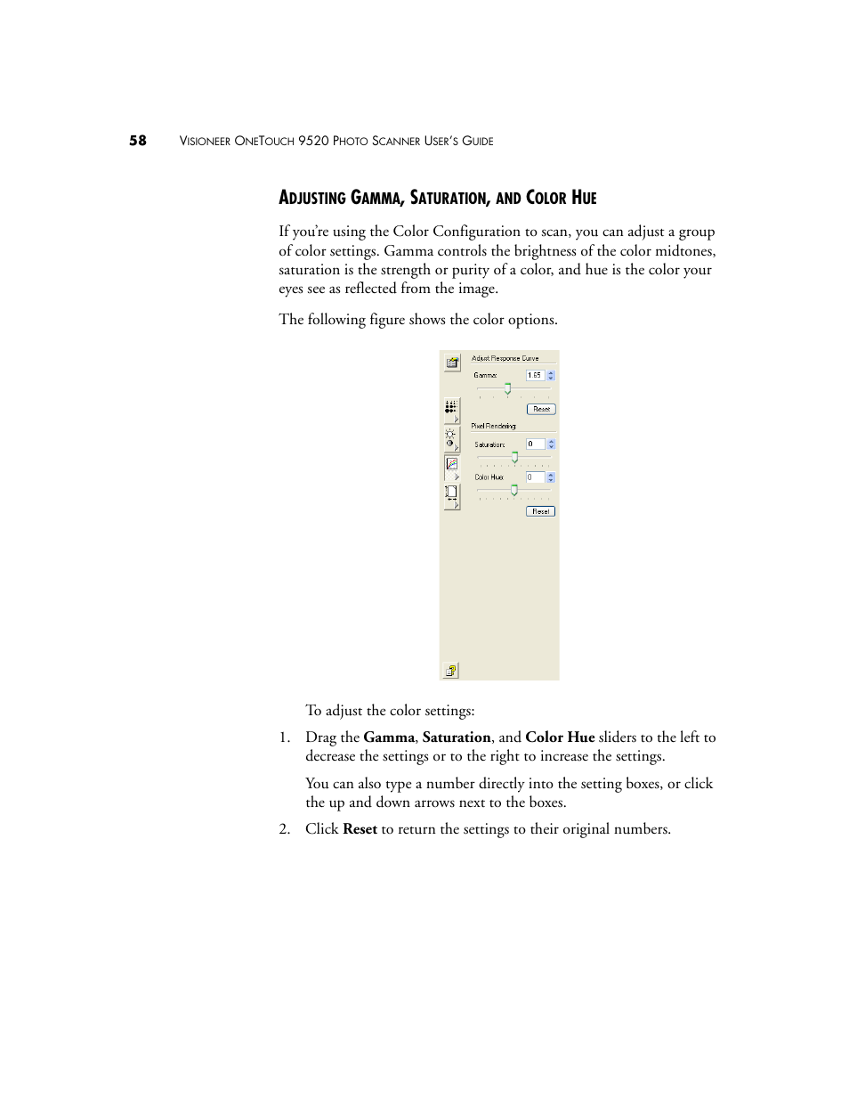 Adjusting gamma, saturation, and color hue | Visioneer 9520 User Manual | Page 65 / 156