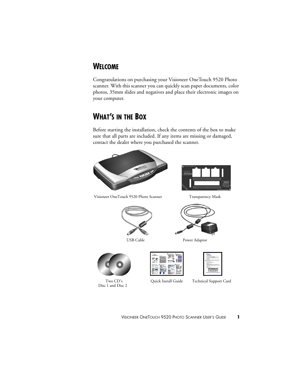 Welcome, What’s in the box, Welcome what’s in the box | Elcome | Visioneer 9520 User Manual | Page 8 / 156