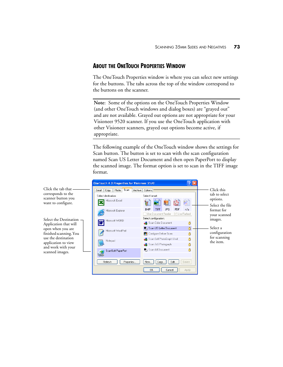 About the onetouch properties window | Visioneer 9520 User Manual | Page 80 / 156