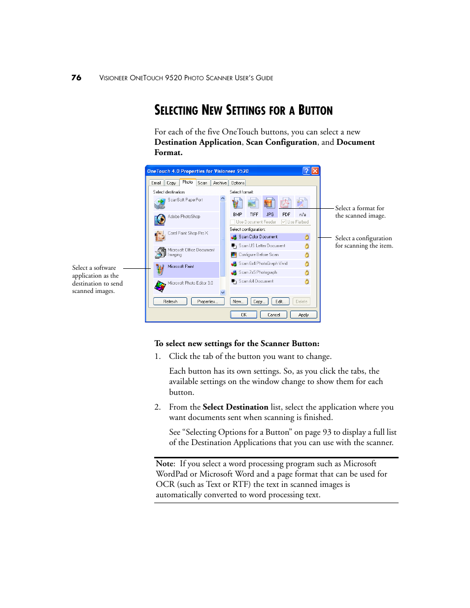 Selecting new settings for a button, Electing, Ettings | Utton | Visioneer 9520 User Manual | Page 83 / 156