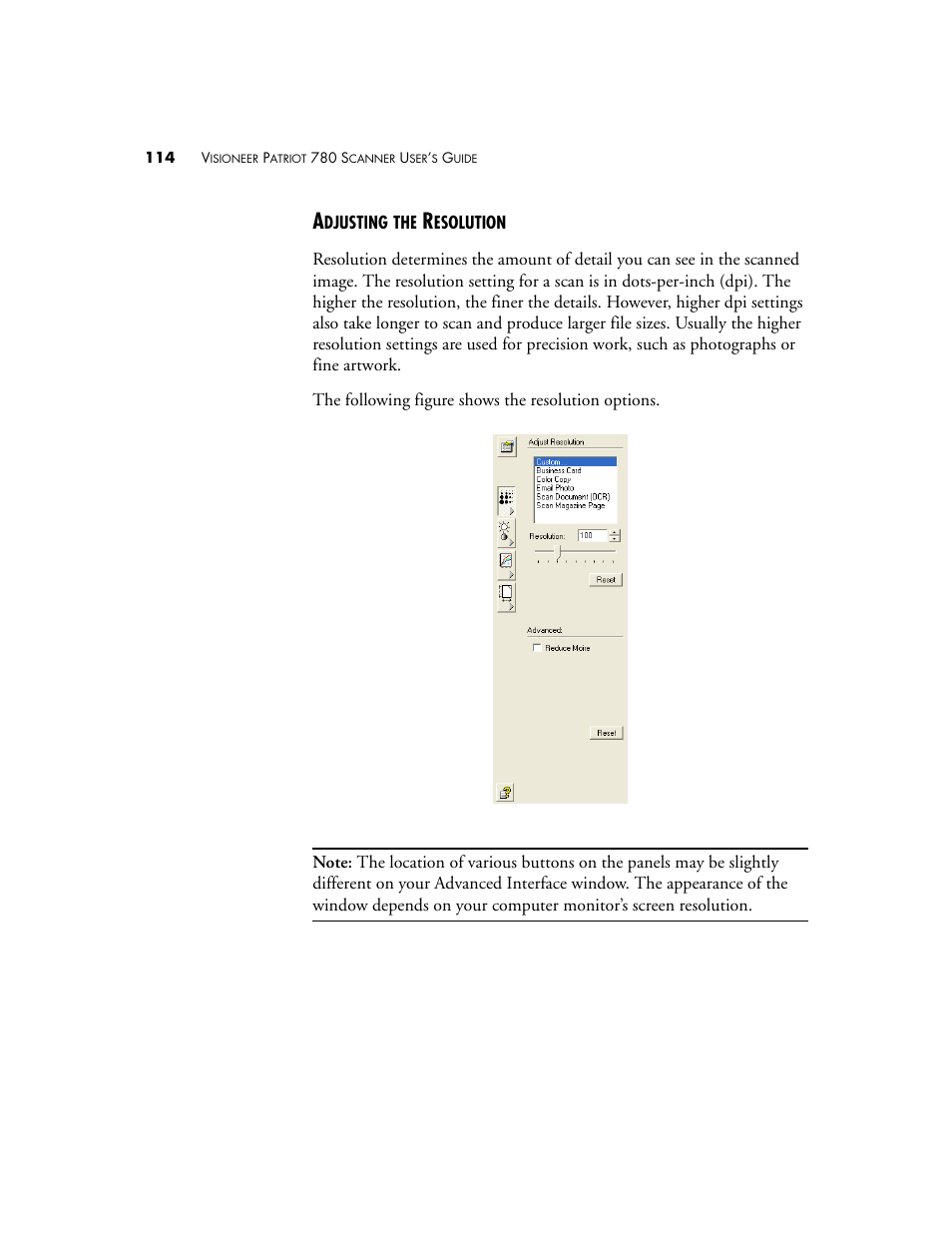 Adjusting the resolution | Visioneer Patriot 780 User Manual | Page 121 / 160