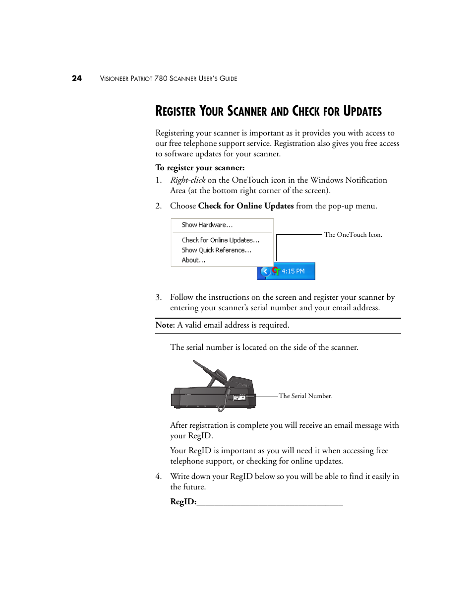 Register your scanner and check for updates, Egister, Canner | Heck, Pdates | Visioneer Patriot 780 User Manual | Page 31 / 160