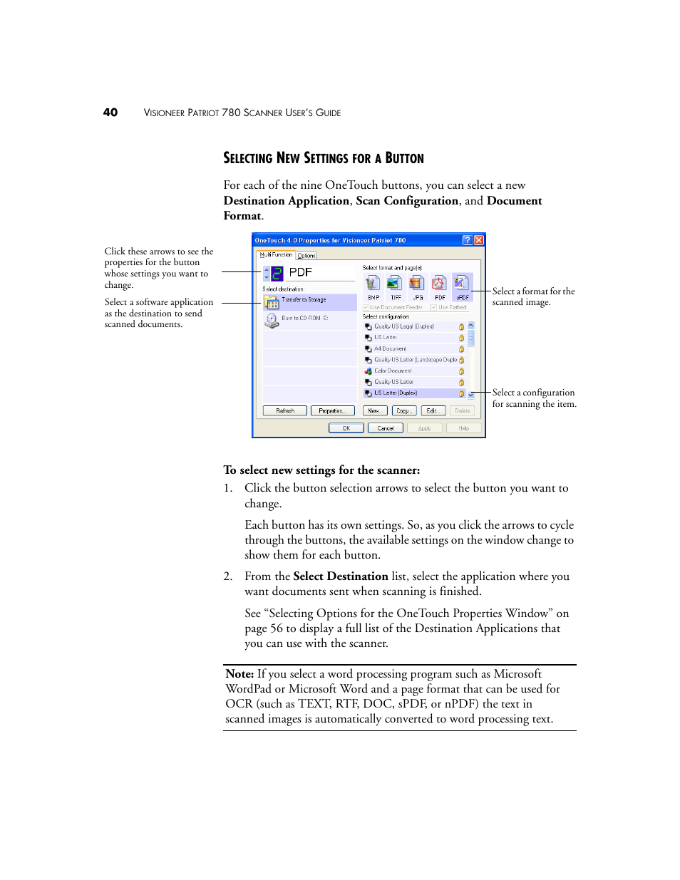 Selecting new settings for a button | Visioneer Patriot 780 User Manual | Page 47 / 160