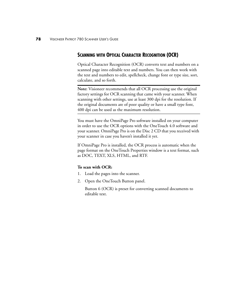 Scanning with optical character recognition (ocr), Ocr) | Visioneer Patriot 780 User Manual | Page 85 / 160