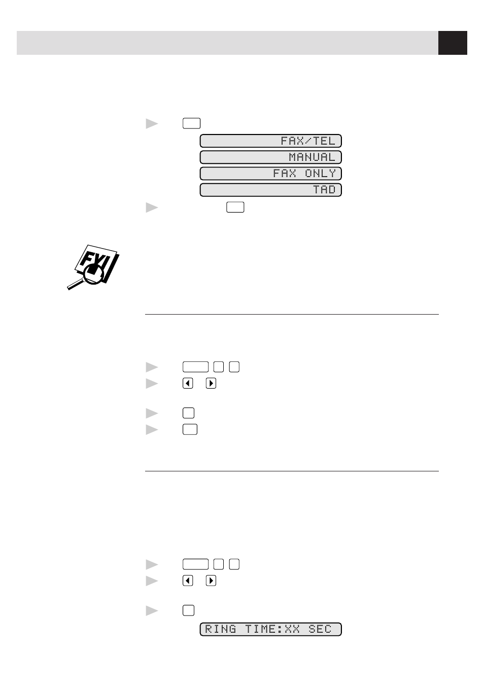 To select or change your answer mode, Setting ring delay, Setting f/t ring time | Setting ring delay setting f/t ring time | Visioneer 1780 User Manual | Page 47 / 99