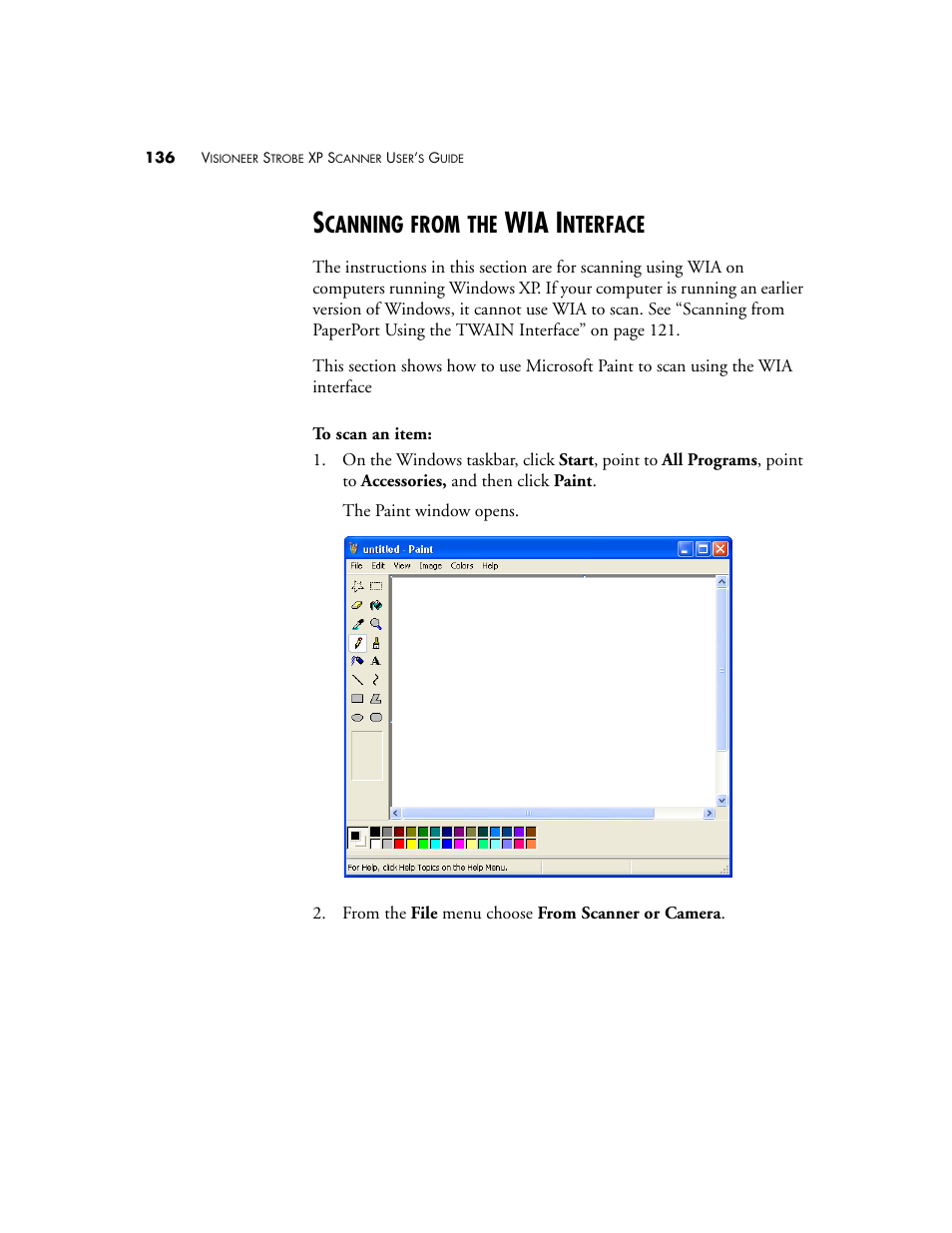 Scanning from the wia interface, Wia i, Canning | From, Nterface | Visioneer XP 100 User Manual | Page 143 / 166