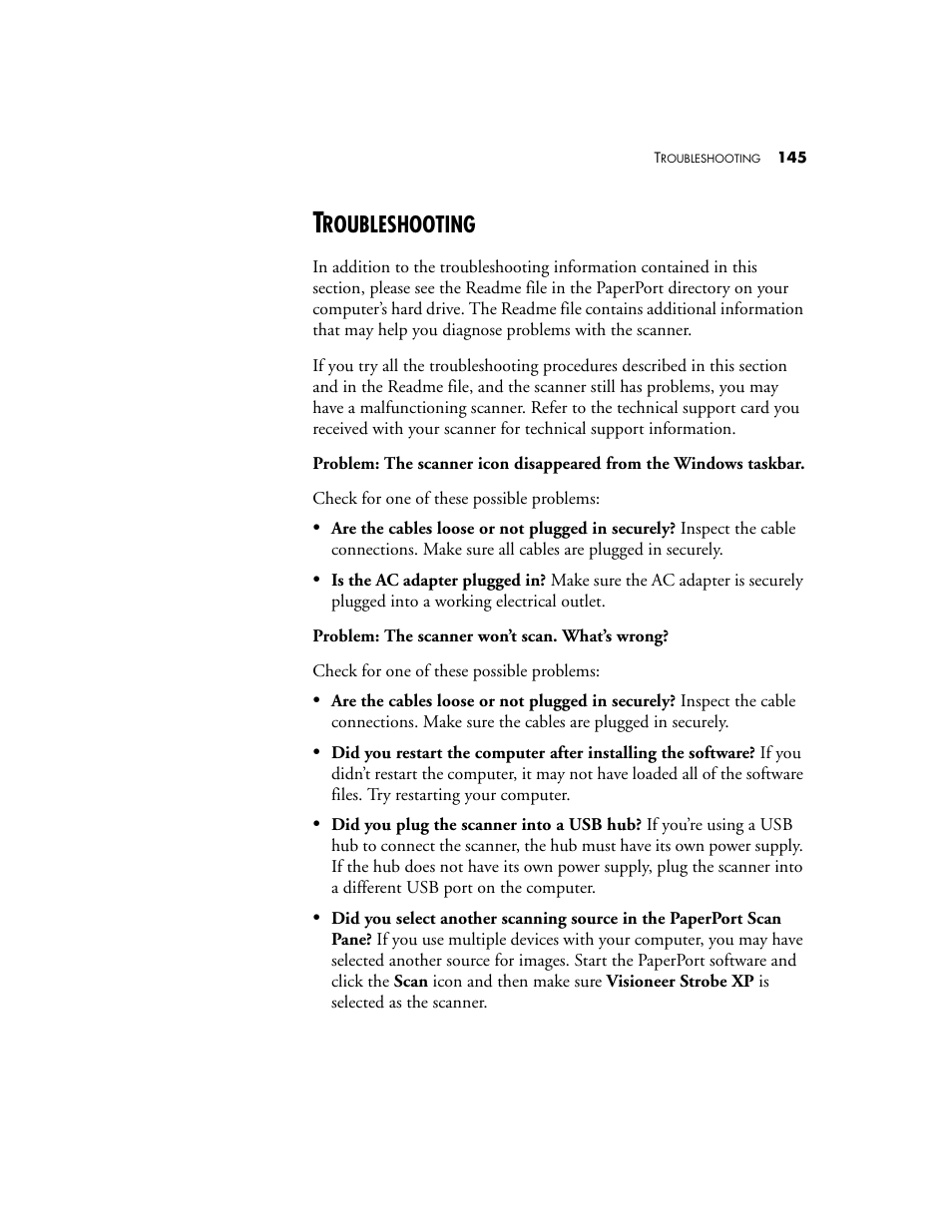 Troubleshooting, Roubleshooting | Visioneer XP 100 User Manual | Page 152 / 166