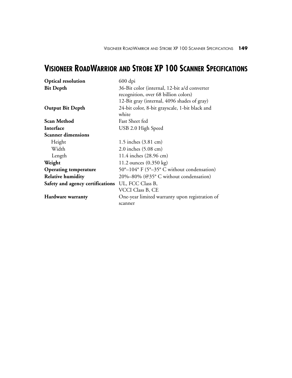 Xp 100 s, Isioneer, Arrior | Trobe, Canner, Pecifications | Visioneer XP 100 User Manual | Page 156 / 166