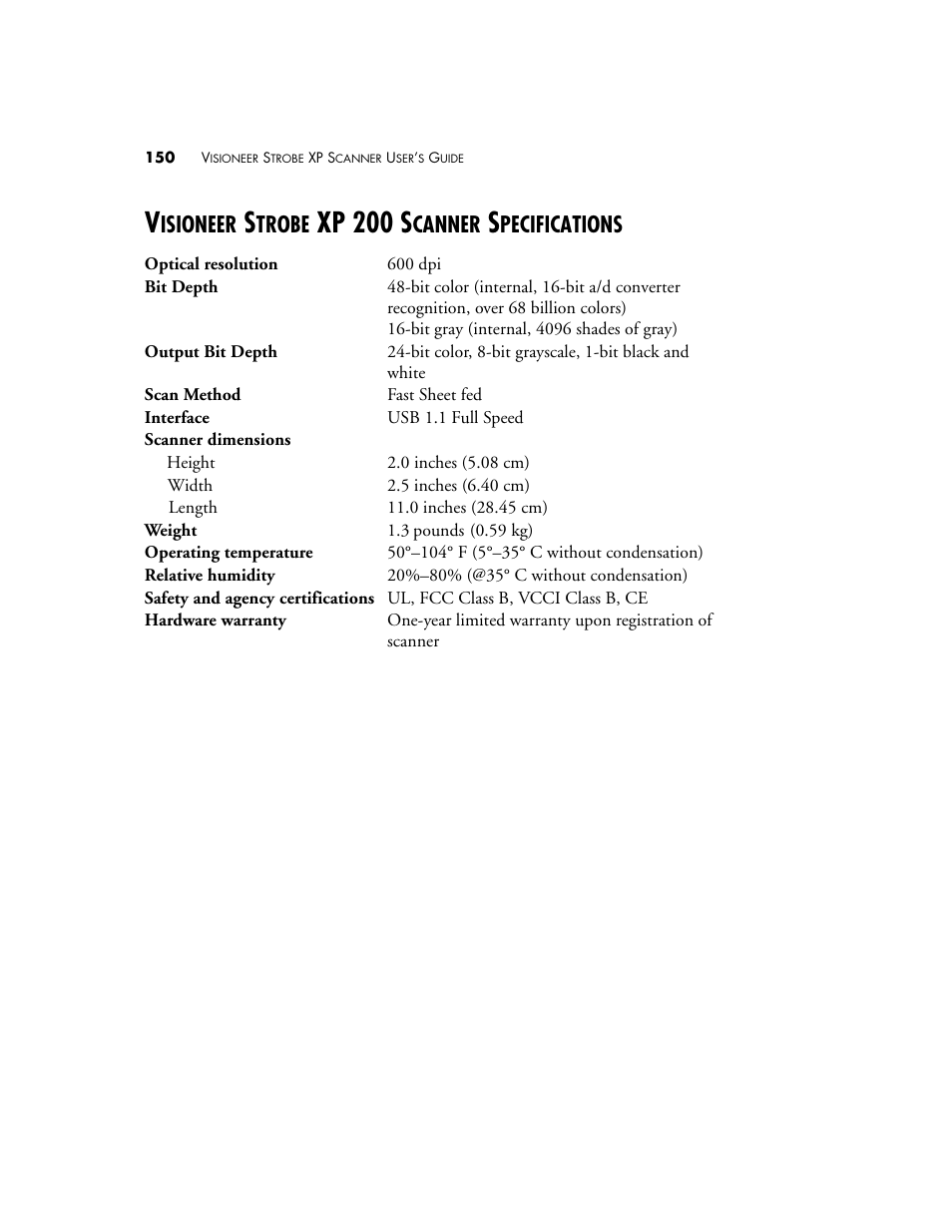 Visioneer strobe xp 200 scanner specifications, Xp 200 s, Isioneer | Trobe, Canner, Pecifications | Visioneer XP 100 User Manual | Page 157 / 166