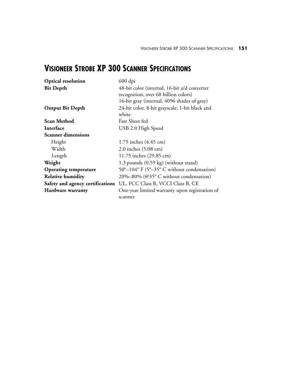 Visioneer strobe xp 300 scanner specifications, Xp 300 s, Isioneer | Trobe, Canner, Pecifications | Visioneer XP 100 User Manual | Page 158 / 166