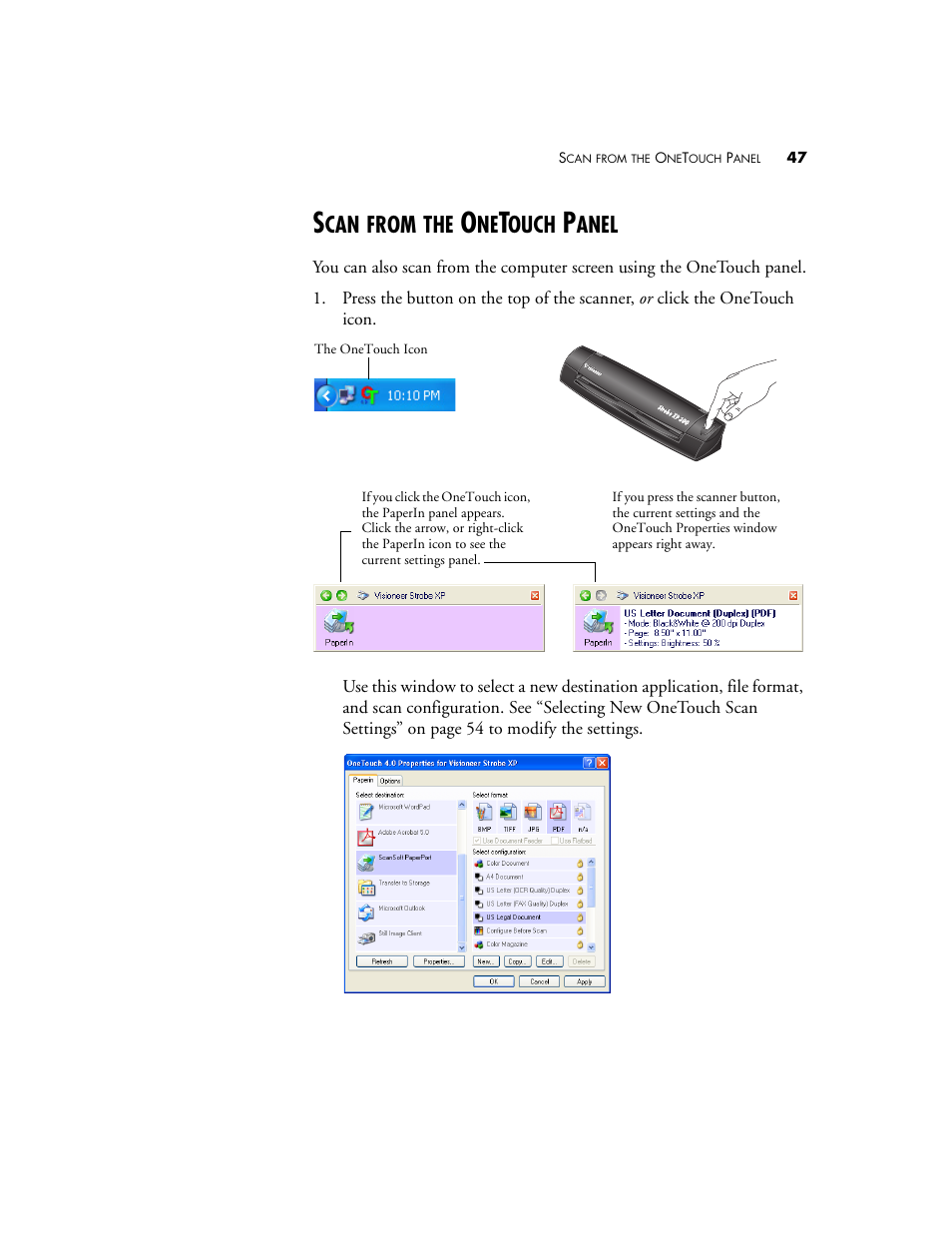 Scan from the onetouch panel, From, Ouch | Anel | Visioneer XP 100 User Manual | Page 54 / 166