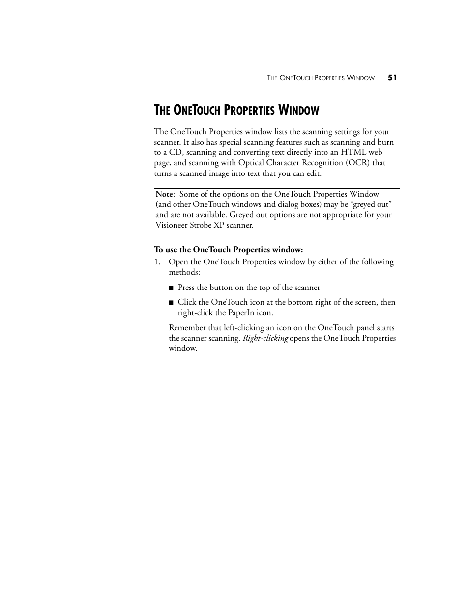 The onetouch properties window, Ouch, Roperties | Indow | Visioneer XP 100 User Manual | Page 58 / 166