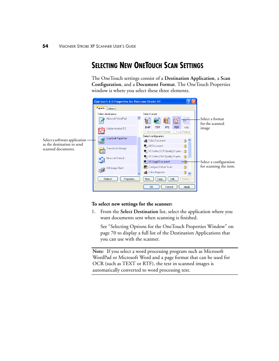 Selecting new onetouch scan settings, Electing, Ouch | Ettings | Visioneer XP 100 User Manual | Page 61 / 166