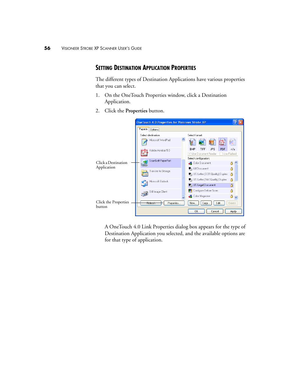 Setting destination application properties | Visioneer XP 100 User Manual | Page 63 / 166