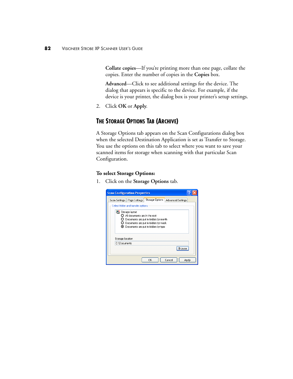The storage options tab (archive) | Visioneer XP 100 User Manual | Page 89 / 166
