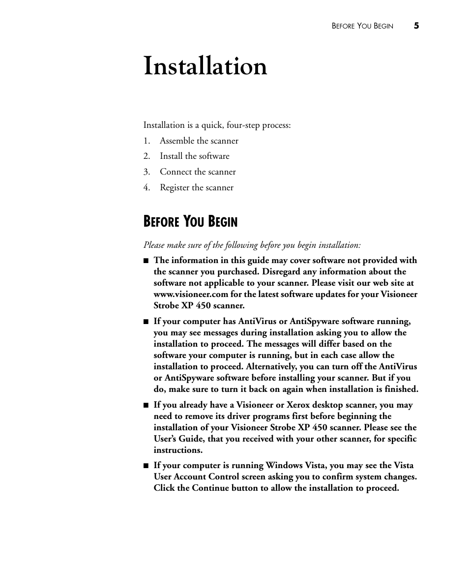 Installation, Before you begin, Efore | Egin | Visioneer STROBE 450 User Manual | Page 10 / 94