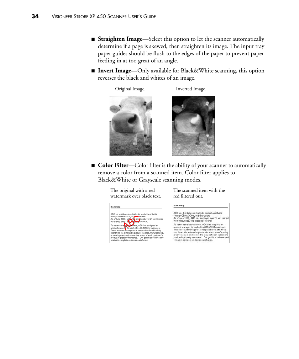 Straighten image, Invert image, Color filter | Visioneer STROBE 450 User Manual | Page 39 / 94