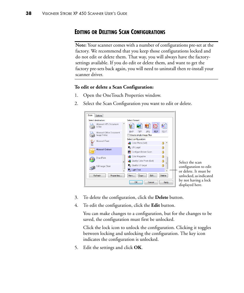 Editing or deleting scan configurations | Visioneer STROBE 450 User Manual | Page 43 / 94