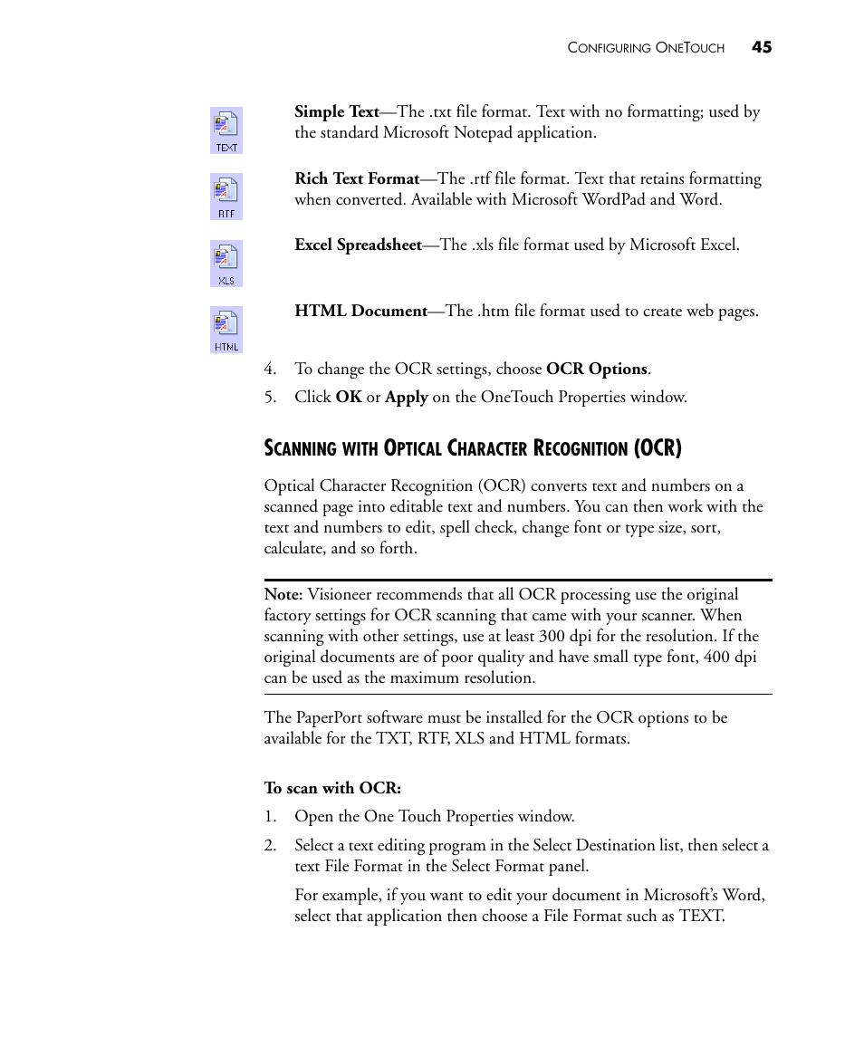 Scanning with optical character recognition (ocr), Ocr) | Visioneer STROBE 450 User Manual | Page 50 / 94