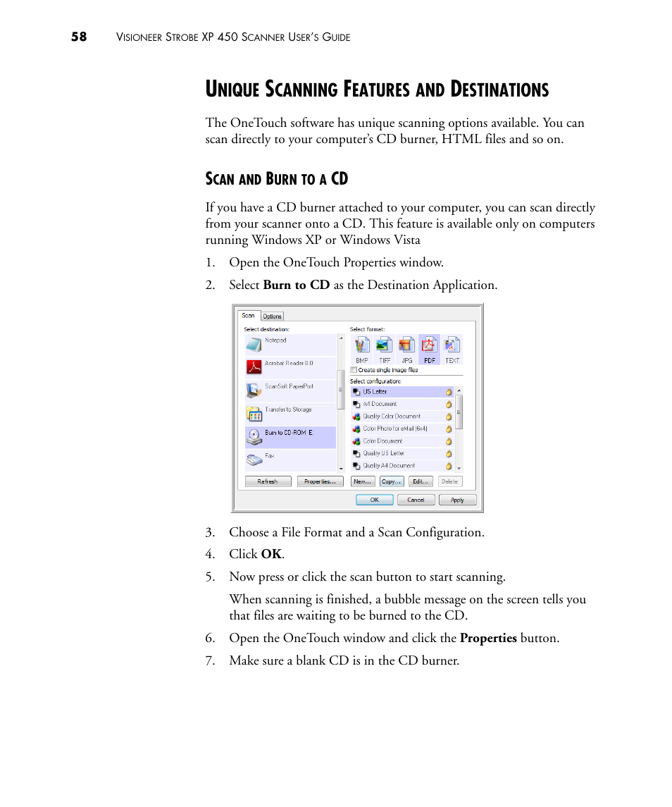 Unique scanning features and destinations, Scan and burn to a cd, Nique | Canning, Eatures, Estinations | Visioneer STROBE 450 User Manual | Page 63 / 94