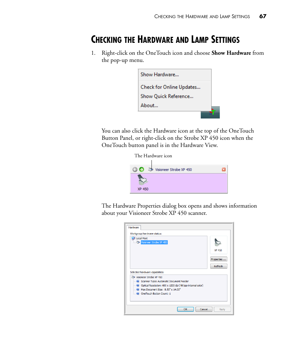 Checking the hardware and lamp settings, Hecking, Ardware | Ettings | Visioneer STROBE 450 User Manual | Page 72 / 94