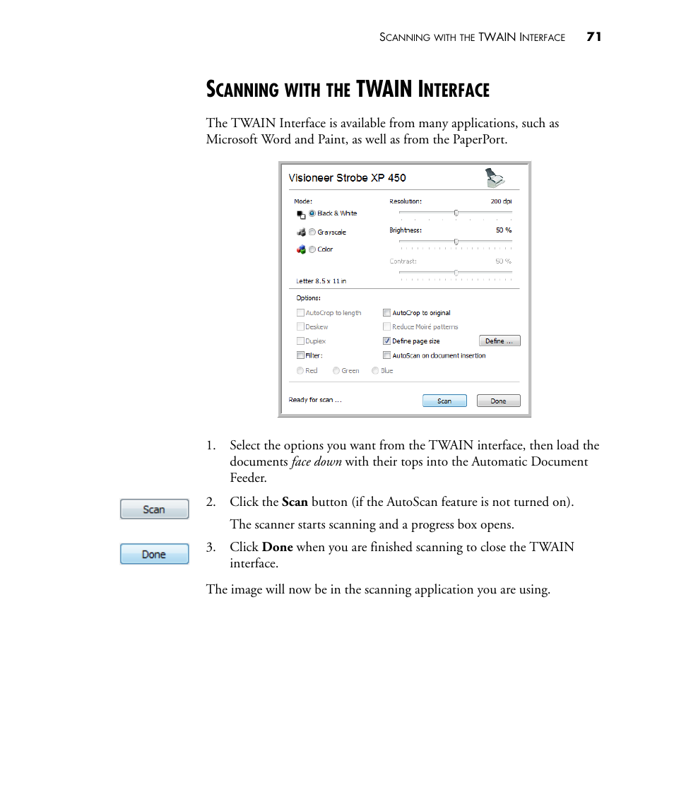 Scanning with the twain interface, Twain i, Canning | With, Nterface | Visioneer STROBE 450 User Manual | Page 76 / 94