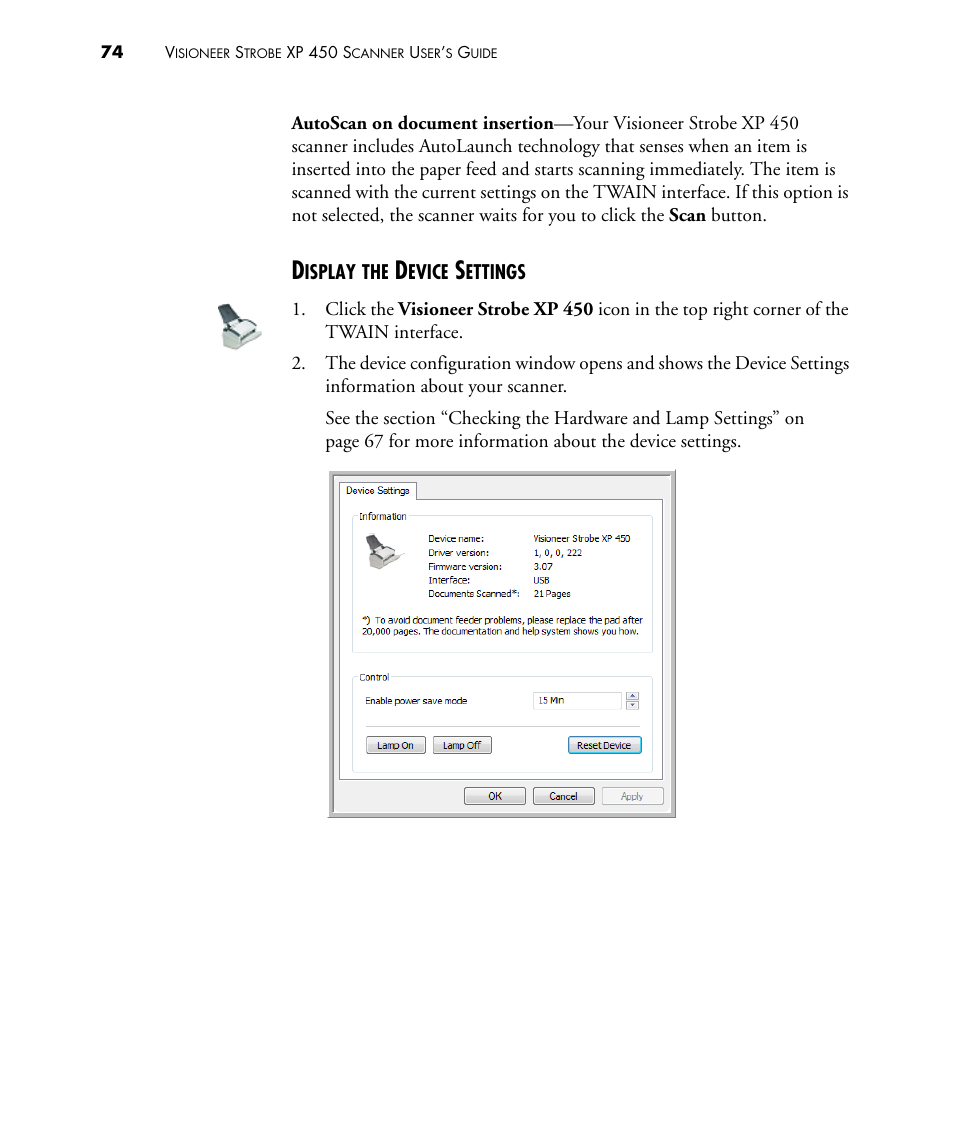 Display the device settings | Visioneer STROBE 450 User Manual | Page 79 / 94