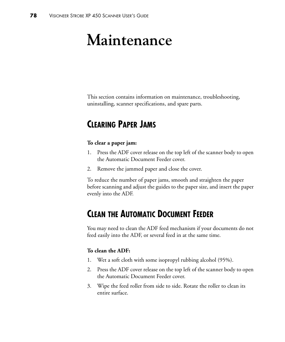 Maintenance, Clearing paper jams, Clean the automatic document feeder | Learing, Aper, Lean, Utomatic, Ocument, Eeder | Visioneer STROBE 450 User Manual | Page 83 / 94