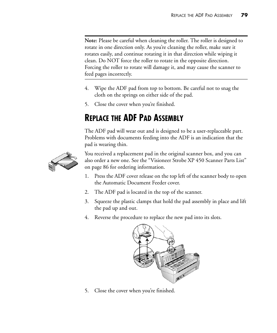 Replace the adf pad assembly, Adf p, Eplace | Ssembly | Visioneer STROBE 450 User Manual | Page 84 / 94