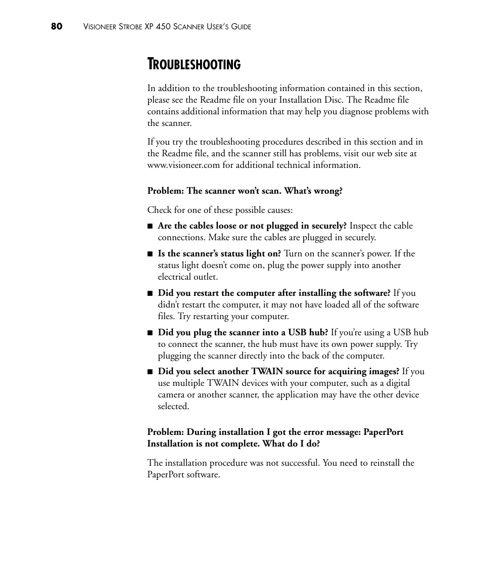 Troubleshooting, Roubleshooting | Visioneer STROBE 450 User Manual | Page 85 / 94