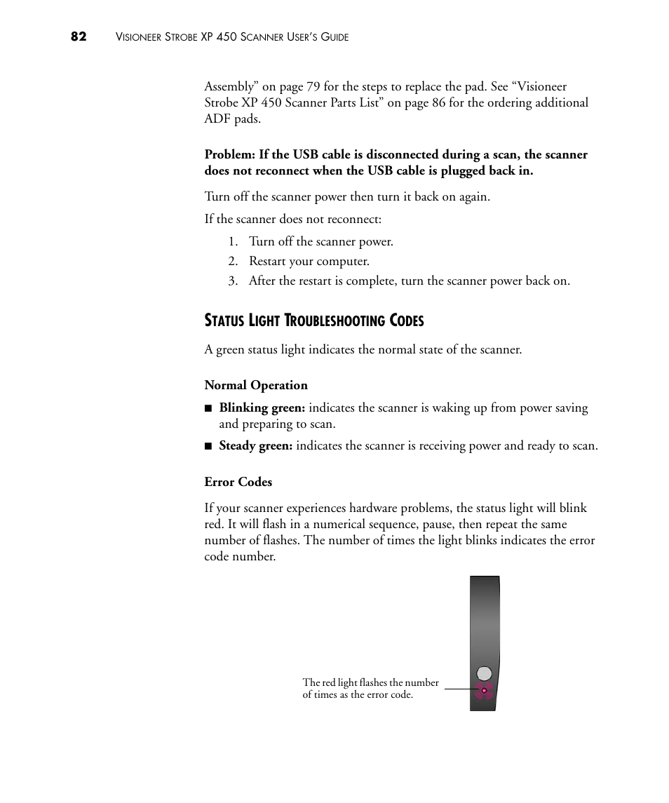 Status light troubleshooting codes | Visioneer STROBE 450 User Manual | Page 87 / 94