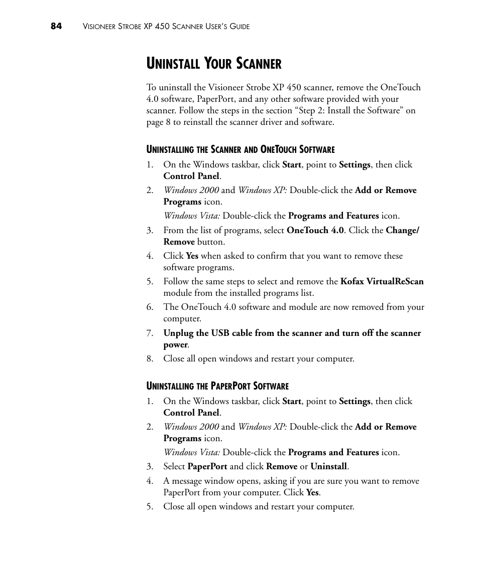 Uninstall your scanner, Ninstall, Canner | Visioneer STROBE 450 User Manual | Page 89 / 94